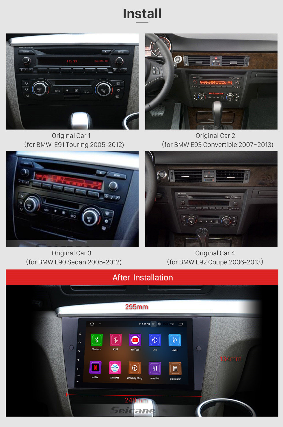 Seicane Android 11.0 Radio DVD Player Stereo for 2005-2012 BMW 3 Series E90 E91 E92 E93 316i 318i 320i 320si 323i 325i 328i 330i 335i 335is M3 316d 318d 320d 325d 330d 335d automatic air GPS Navigation system Support Bluetooth 1080P Video USB Multi-Media Player D