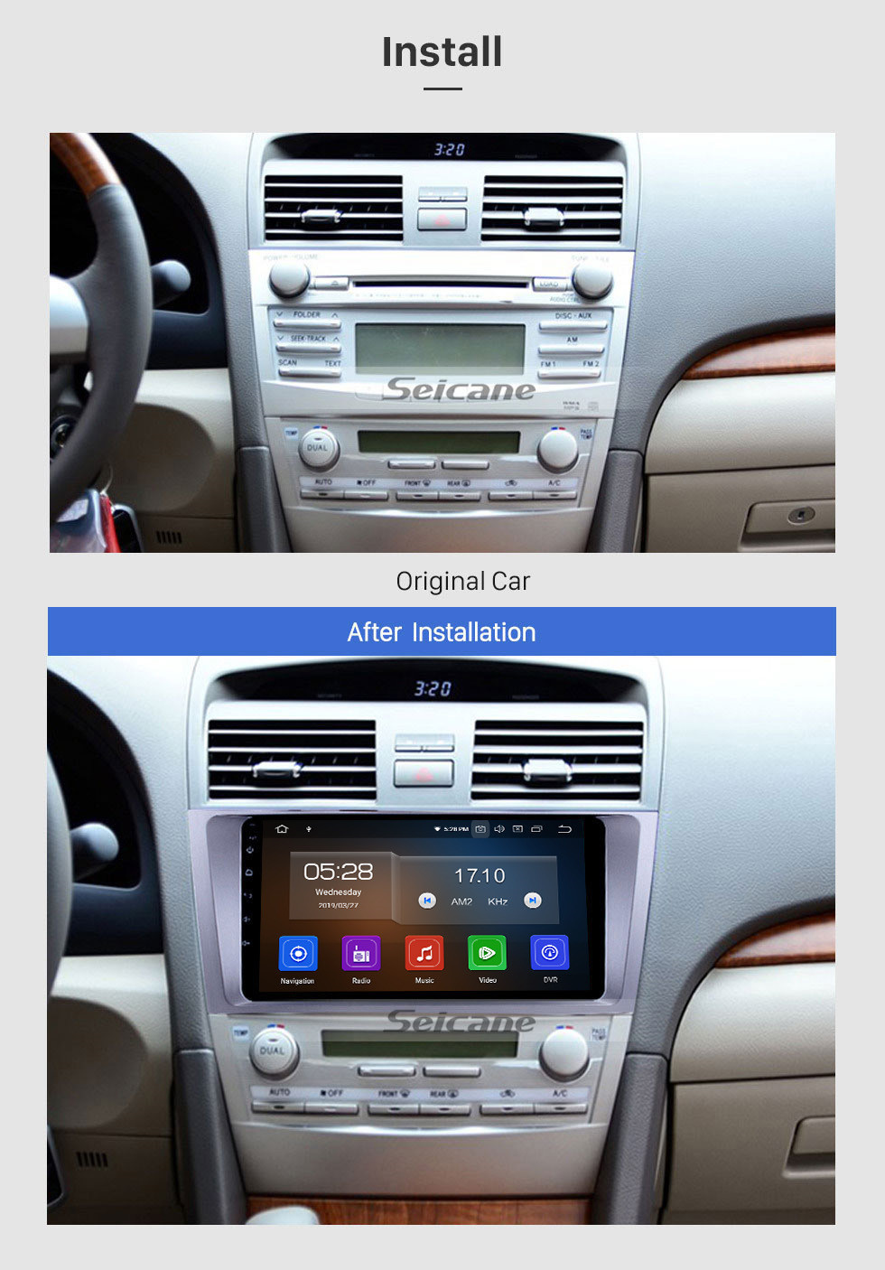 Seicane 2007 2008 2009 2010 2011Toyota Camry 9 pouces Android 11.0 Radio HD à écran tactile de voiture Unité de tête stéréo Navigation GPS Bluetooth WIFI Soutien Caméra de recul Commande au volant USB DVR TPMS