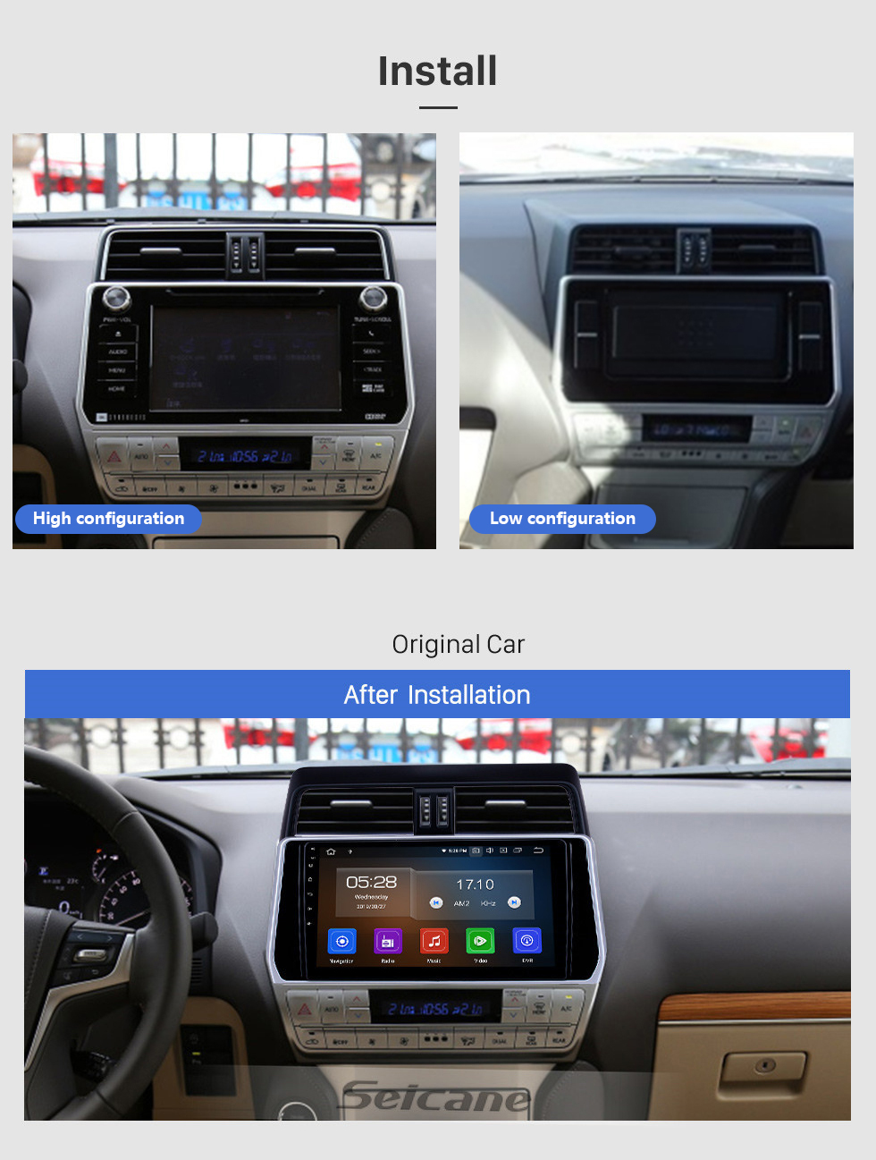 Seicane Rádio Android 13.0 de 10,1 polegadas para 2018 Toyota Prado Bluetooth WIFI HD Tela sensível ao toque Navegação GPS Carplay Suporte USB TPMS DAB +