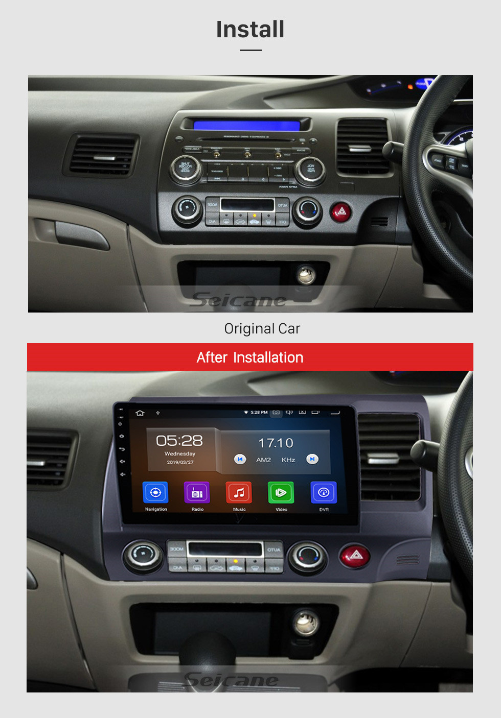 Seicane 10.1 pulgadas 2006-2011 Honda Civic RHD Android 11.0 CD Radio Sistema estéreo de coche GPS con 3G WiFi Bluetooth Música Cámara de visión trasera Espejo Enlace OBD2 Control del volante HD 1080P Video