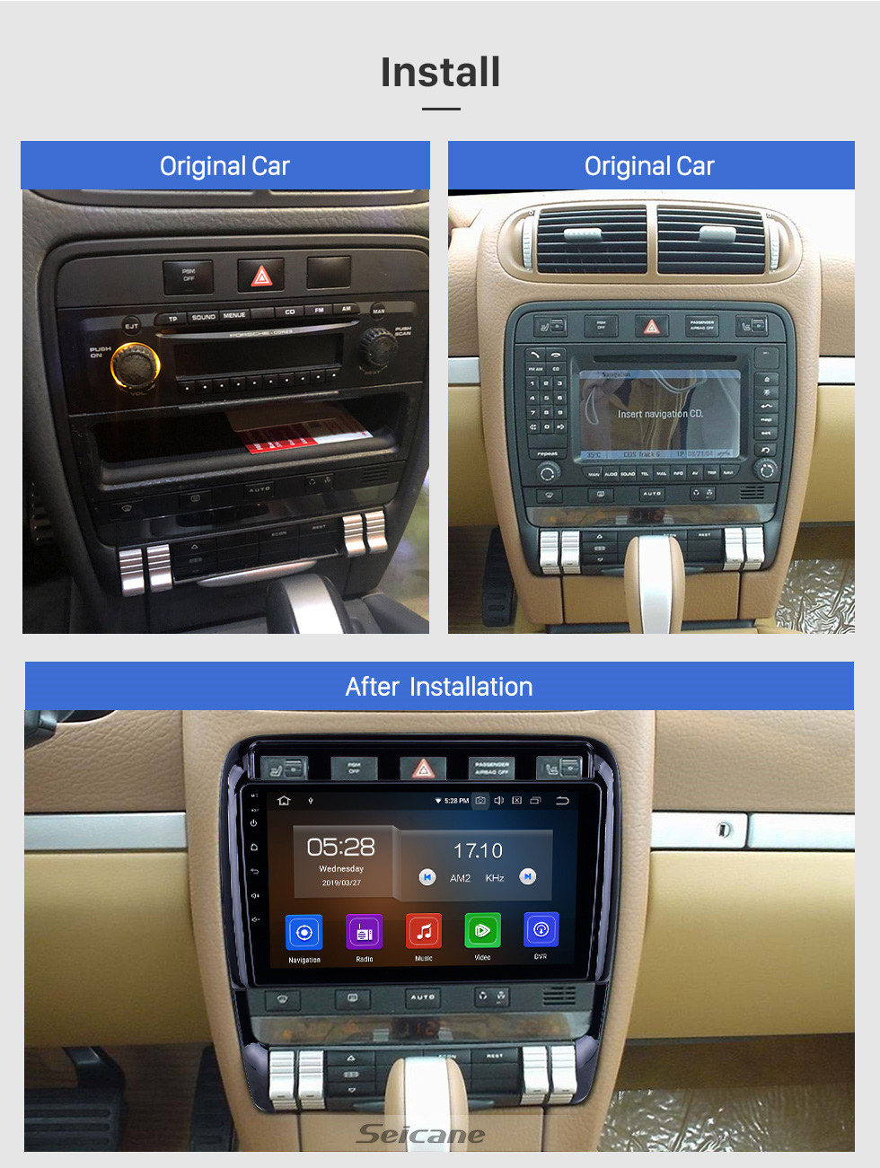 Seicane Porsche Cayenne 2003-2011 Écran tactile HD de 9 pouces Android 13.0 Radio Système de navigation GPS WiFi Bluetooth Musique Lien miroir OBD2 Vidéo 1080P