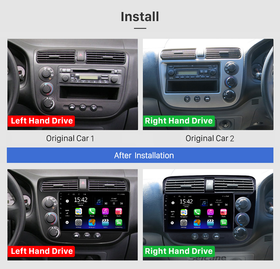 Seicane OEM 9 inch Android 10.0 for 2001-2005 Honda Civic RHD Manual A/C Radio with Bluetooth HD Touchscreen GPS Navigation System support Carplay DAB+