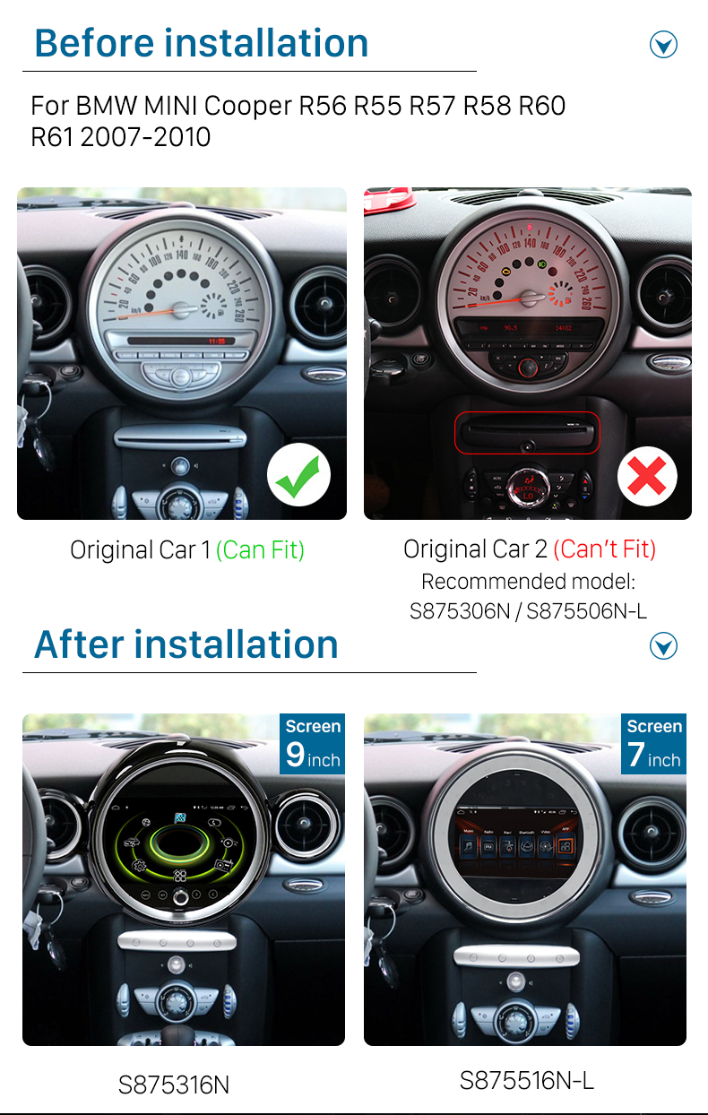 Seicane Écran tactile Bluetooth pour 2007-2010 BMW MINI Cooper R56 R55 R57 R58 R60 R61 Radio Système de navigation GPS avec Carplay DSP 4G Support Caméra de recul DVR